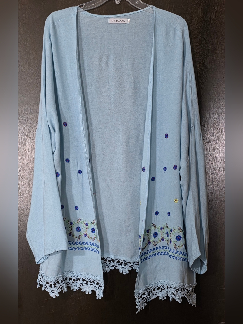 MISSLOOK Pale Blue Floral Embroidered Lace Cardigan-Cover Up Blue Size 3XL